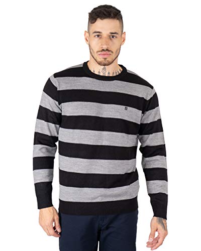 NOROZE Herren Pullover Jumper Gestreift Langarm Lange Ärmel Strickpullover Gestrickt Pulli Sweatshirt (L, Schwarz/Grau) von NOROZE