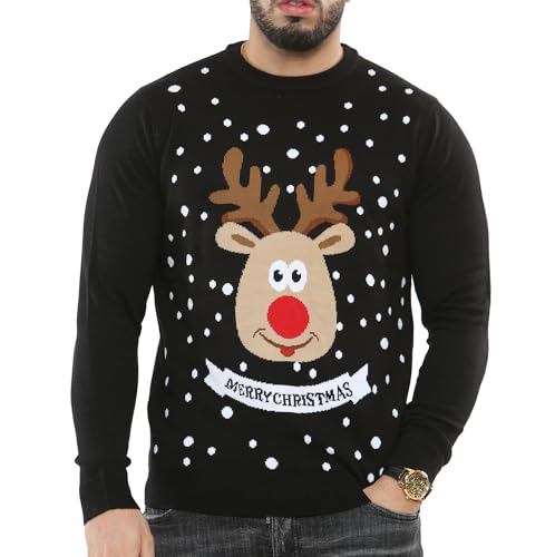 NOROZE Herren Weihnachtspullover Unisex Lustig Neuheit Faire Insel Weihnachtsmann Party Frech Hässlich Xmas Gestrick Damen Jumper Pulli (L, Frohe Weihnachten Rentier Schwarz) von NOROZE