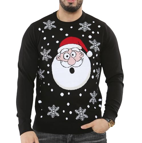 NOROZE Herren Weihnachtspullover Unisex Lustig Neuheit Faire Insel Weihnachtsmann Party Frech Hässlich Xmas Gestrick Damen Jumper Pulli (L, Weihnachtsmann-Kopf Schwarz) von NOROZE