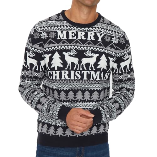 NOROZE Herren Weihnachtspullover Unisex Lustig Neuheit Faire Insel Weihnachtsmann Party Frech Hässlich Xmas Gestrick Damen Jumper Pulli (M, Fröhliche Weihnachten Marine) von NOROZE