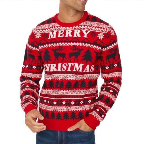 NOROZE Herren Weihnachtspullover Unisex Lustig Neuheit Faire Insel Weihnachtsmann Party Frech Hässlich Xmas Gestrick Damen Jumper Pulli (XXL, Fröhliche Weihnachten Rot) von NOROZE