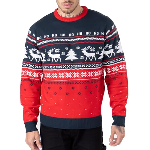 NOROZE Herren Weihnachtspullover Weihnachten Pullover Faire Insel Weihnachtsbaum Rentier Schneeflocken Hoho Neuheit Strickpullover Sweater Jumper (M, Hoho Rentierbaum Marine) von NOROZE