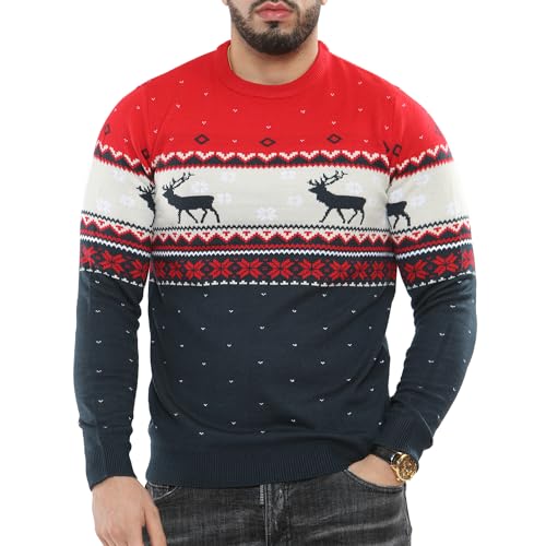 NOROZE Herren Weihnachtspullover Weihnachten Pullover Faire Insel Weihnachtsbaum Rentier Schneeflocken Hoho Neuheit Strickpullover Sweater Jumper (XL, Schneeflocken Rentier Marine) von NOROZE