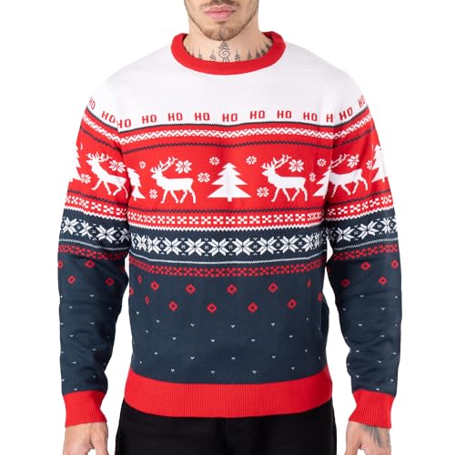 NOROZE Herren Weihnachtspullover Weihnachten Pullover Faire Insel Weihnachtsbaum Rentier Schneeflocken Hoho Neuheit Strickpullover Sweater Jumper (XXL, Hoho Rentierbaum Rot) von NOROZE