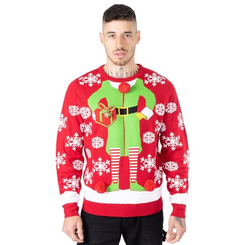 NOROZE Herren Weihnachtspullover Weihnachten Pullover Xmas Weihnachtsmann Santa Zum Pub Rentier Neuheit Unisex Strickpullover Jumper Oberteil (S, Geschenk Elfe Rot) von NOROZE