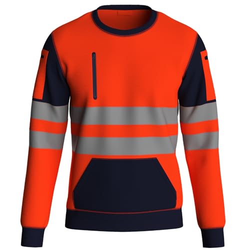 NOROZE Hochsichtbarer, langärmliger Hi-Vis-Pullover – Rundhals-Fleece-Hi-Viz-Sweatshirt, reflektierendes Sicherheitsband – Herren-Sicherheits-Arbeitskleidung T-Shirt, Oberteil, NVY-ORG/S von NOROZE