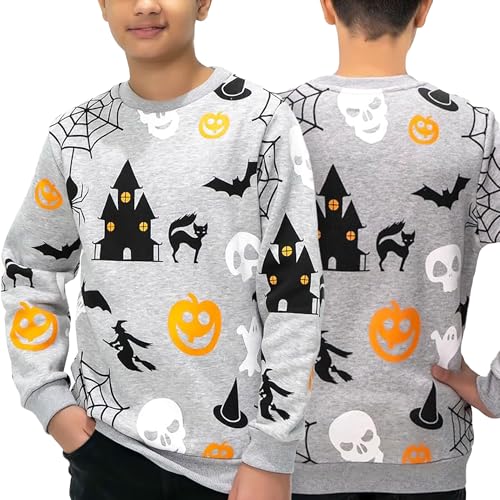 NOROZE Jungen Bedruckte Sweatshirt Jungs Kinder Süßes oder Saures Halloween Kürbis Katzen Schädel Fleece Komisch Unisex Kostümoberteile (13 Jahre, Netz Schädel Katze Grau) von NOROZE