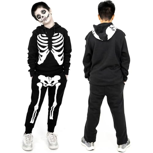 NOROZE Jungen Halloween Skelett Trainingsanzug Kapuzenpullover Pullover Jogger Unisex Set Jogginganzug (7-8 Jahre, Skelett Schwarz) von NOROZE