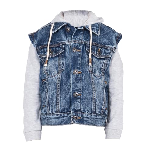 NOROZE Jungen Jeansjacke mit Fleece-Ärmeln & Abnehmbarer Kapuze Kinder Mode Trucker Klassischer Mantel Trendy Stylisch Jean Hoodie (15 Years, Denim Blue) von NOROZE