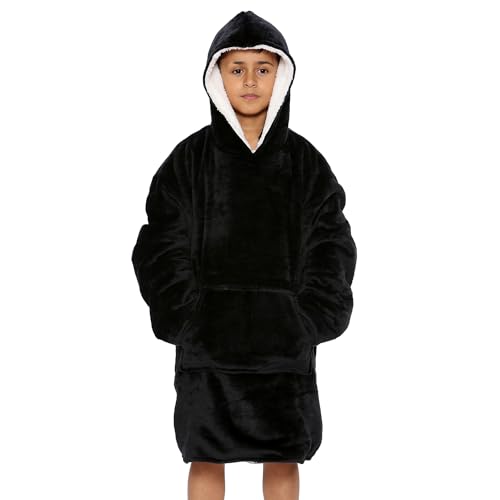 NOROZE Jungen Mädchen Kinder Kapuzen-Decke Xmas Ultra Soft Sherpa Sweatshirt Warm Bequem Gemütlich Übergroß Tragbar Überwurf Kapuze Top Einheitsgröße Fit All 7-13 Jahre, Schwarz, One Size von NOROZE