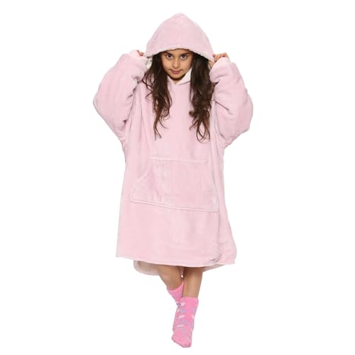 NOROZE Jungen Mädchen Kinder Kapuzen-Decke Xmas Ultra Soft Sherpa Sweatshirt Warm Bequem Gemütlich Übergroß Tragbar Überwurf Kapuze Top Einheitsgröße Fit All 7-13 Jahre, rose, One size von NOROZE