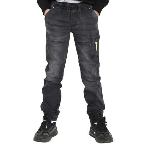 NOROZE Jungen Mädchen Kinder Lässig Retro Denim Hose Konisches Beindesign Dehnbar Jeans Jogger Jogginghose Stil Pants Mit elastischem Kordelzugbund (13 Jahre, Schwarz) von NOROZE