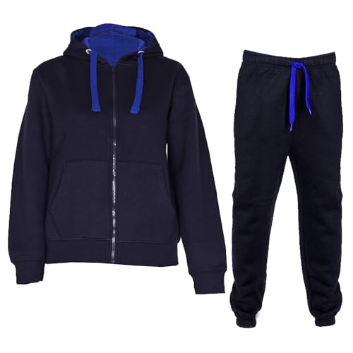 NOROZE Jungen Mädchen Kontrast Fleece Fitnessstudio Sport Joggers Voll Trainingsanzug Set Kinder Kapuzenpullover Oberteil trainingshose Jogginghose Jogginganzug (Marine/Blau, 11-12 Years) von NOROZE