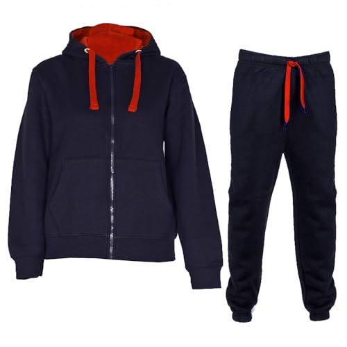 NOROZE Jungen Mädchen Kontrast Fleece Fitnessstudio Sport Joggers Voll Trainingsanzug Set Kinder Kapuzenpullover Oberteil trainingshose Jogginghose Jogginganzug (Marine/Rot, 9-10 Years) von NOROZE