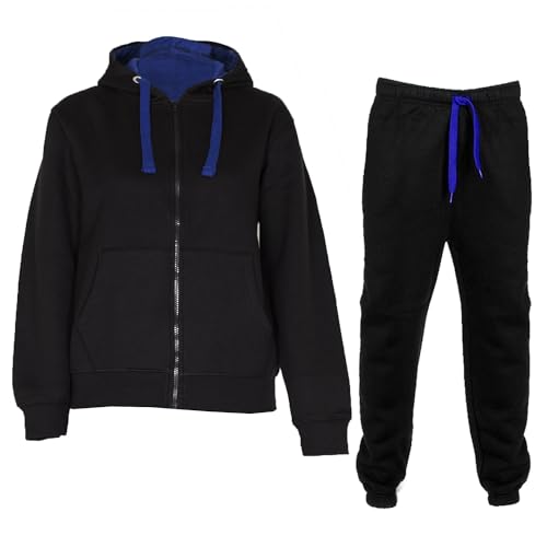 NOROZE Jungen Mädchen Kontrast Fleece Fitnessstudio Sport Joggers Voll Trainingsanzug Set Kinder Kapuzenpullover Oberteil trainingshose Jogginghose Jogginganzug (Schwarz Blau, 11-12 Jahre) von NOROZE