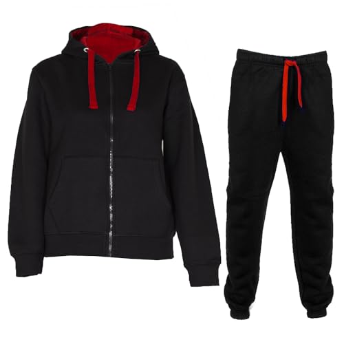 NOROZE Jungen Mädchen Kontrast Fleece Fitnessstudio Sport Joggers Voll Trainingsanzug Set Kinder Kapuzenpullover Oberteil trainingshose Jogginghose Jogginganzug (Schwarz Rot, 11-12 Jahre) von NOROZE