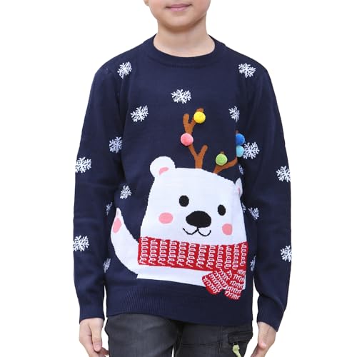 NOROZE Jungen Mädchen Unisex Frohe Weihnachten Fußball Rote Nase Rudolf Rentier Elch Weihnachtsmann Tourbus Schalldämpfer Weihnachtspullover Pullover Pulli (11-12 Jahre, Bär Marine) von NOROZE