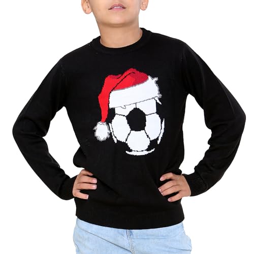 NOROZE Jungen Mädchen Unisex Frohe Weihnachten Fußball Rote Nase Rudolf Rentier Elch Weihnachtsmann Tourbus Schalldämpfer Weihnachtspullover Pullover Pulli (5-6 Jahre, Fußball Schwarz) von NOROZE