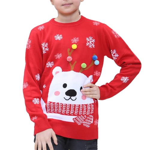 NOROZE Jungen Mädchen Unisex Frohe Weihnachten Fußball Rote Nase Rudolf Rentier Elch Weihnachtsmann Tourbus Schalldämpfer Weihnachtspullover Pullover Pulli (7-8 Jahre, Bär Rot) von NOROZE
