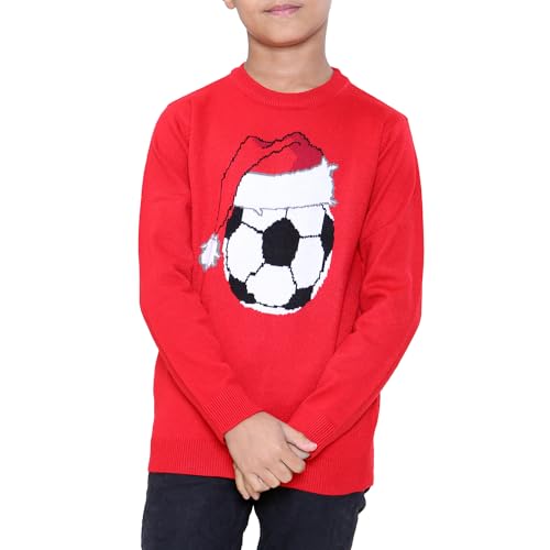 NOROZE Jungen Mädchen Unisex Frohe Weihnachten Fußball Rote Nase Rudolf Rentier Elch Weihnachtsmann Tourbus Schalldämpfer Weihnachtspullover Pullover Pulli (9-10 Jahre, Fußball Rot) von NOROZE