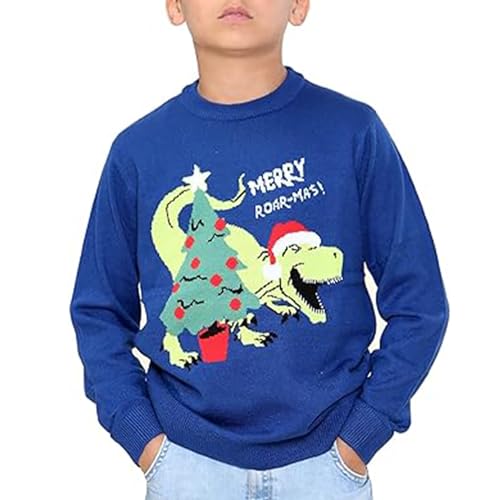 NOROZE Jungen Mädchen Unisex Kinder Frohe Weihnachten Dinosaurier Baumhut Rentier Eisbär Gestrickt Neuheit Hässlich Weihnachtspullover Pullover Pulli (Size 7-8 Jahre, Dino Brüllen Marine) von NOROZE