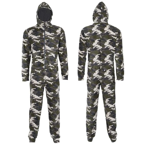 NOROZE Kinder Combinaison Jungen Schlafanzüge Flausch Mit Kapuze Alles in einem Tarnung Azteke Herren Pyjama Schlafanzug Vater Sohn Passend Jumpsuit (13 Jahre, Tarnung Grün) von NOROZE