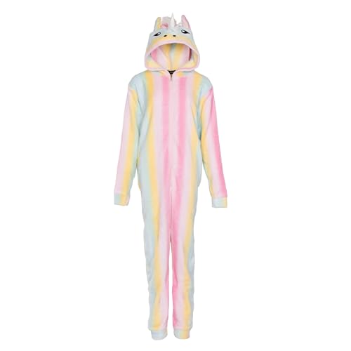 NOROZE Kinder Pyjama Combinaison Mädchen Damen Schlafanzüge Flausch Hase Regenbogen Einhorn Kapuze Alles in einem Mutter Tochter Passend Jumpsuit (11-12 Jahre, Einhorn Regenbogen) von NOROZE