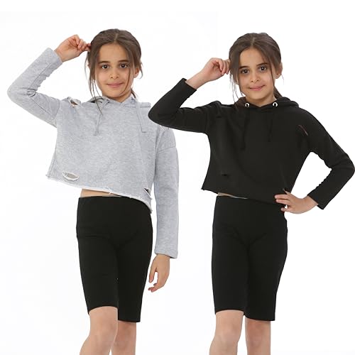 NOROZE Mädchen Kinder Einfarbiges Bauchfreies Top zerschlitzen Kapuzenpullover (2er-Pack: Schwarz/Grau, 11-12 Jahre) von NOROZE