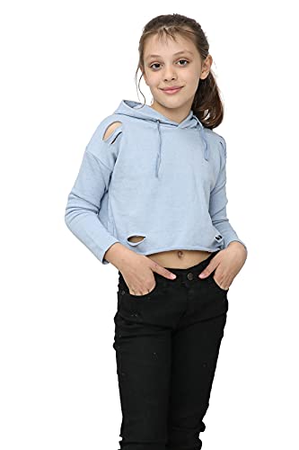 NOROZE Mädchen Kinder Einfarbiges Bauchfreies Top zerschlitzen Kapuzenpullover (Dusk Blau, 11-12 Jahre) von NOROZE