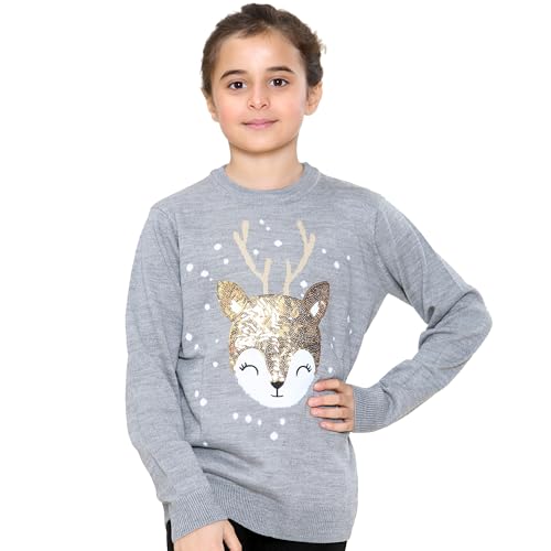 NOROZE Mädchen Weihnachten 3D Pullover Kinder Vogel Rentier Retro Pullover Sweater Pulli (Babyhirsch Grau, 3-4 Jahre) von NOROZE