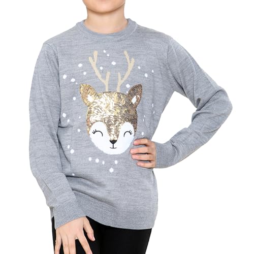 NOROZE Mädchen Weihnachten 3D Pullover Kinder Vogel Rentier Retro Pullover Sweater Pulli (Babyhirsch Grau, 5-6 Jahre) von NOROZE