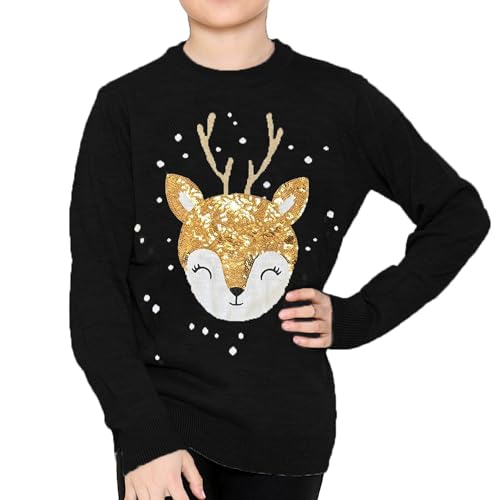 NOROZE Mädchen Weihnachten 3D Pullover Kinder Vogel Rentier Retro Pullover Sweater Pulli (Babyhirsch Schwarz, 11-12 Jahre) von NOROZE