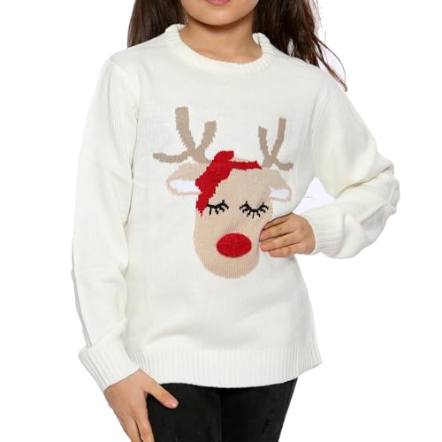 NOROZE Mädchen Weihnachten 3D Pullover Kinder Vogel Rentier Retro Pullover Sweater Pulli (Rentier Beige, 3-4 Jahre) von NOROZE