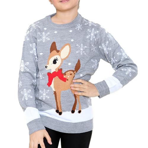 NOROZE Mädchen Weihnachten 3D Pullover Kinder Vogel Rentier Retro Pullover Sweater Pulli (Rentier Grau, 11-12 Jahre) von NOROZE