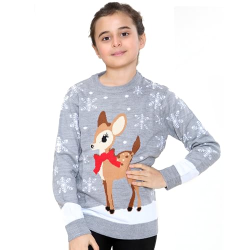 NOROZE Mädchen Weihnachten 3D Pullover Kinder Vogel Rentier Retro Pullover Sweater Pulli (Rentier Grau, 5-6 Jahre) von NOROZE