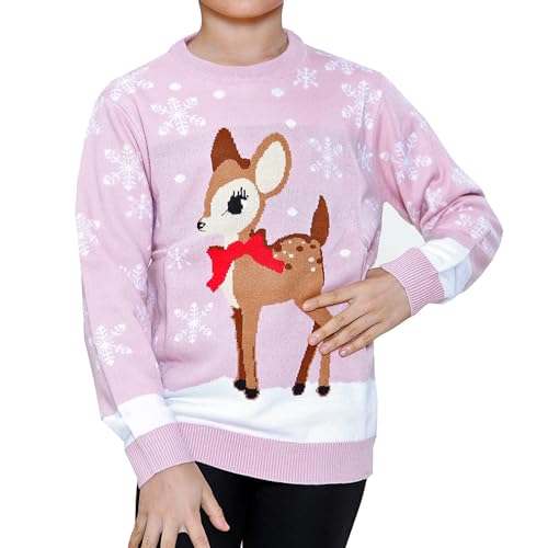 NOROZE Mädchen Weihnachten 3D Pullover Kinder Vogel Rentier Retro Pullover Sweater Pulli (Rentier Pinke, 11-12 Jahre) von NOROZE