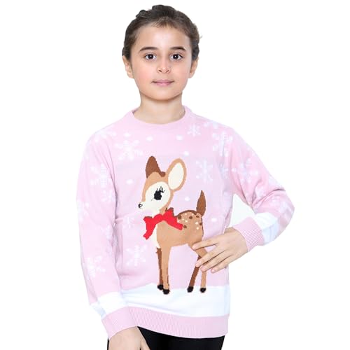NOROZE Mädchen Weihnachten 3D Pullover Kinder Vogel Rentier Retro Pullover Sweater Pulli (Rentier Pinke, 5-6 Jahre) von NOROZE