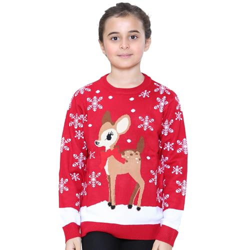 NOROZE Mädchen Weihnachten 3D Pullover Kinder Vogel Rentier Retro Pullover Sweater Pulli (Rentier Rot, 5-6 Jahre) von NOROZE
