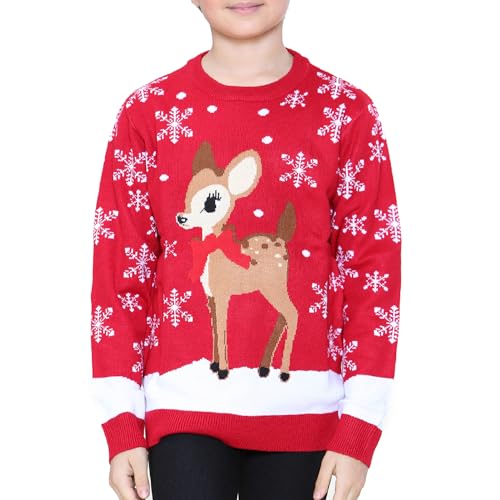 NOROZE Mädchen Weihnachten 3D Pullover Kinder Vogel Rentier Retro Pullover Sweater Pulli (Rentier Rot, 7-8 Jahre) von NOROZE