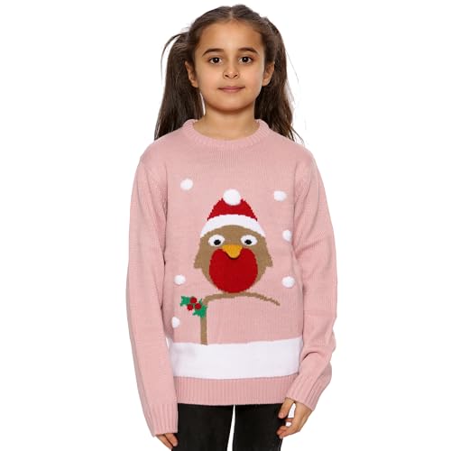 NOROZE Mädchen Weihnachten 3D Pullover Kinder Vogel Rentier Retro Pullover Sweater Pulli (Vogel-Rosa, 5-6 Jahre) von NOROZE