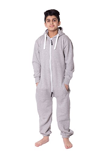 NOROZE Onesie Jumpsuit Weihnachts-Pyjama für Jungen Einteiler einfarbig Fleece-Einteiler mit Kapuze für Mädchen Schlafanzug Overall für Kinder Unisex (13 Jahre, Grau) von NOROZE