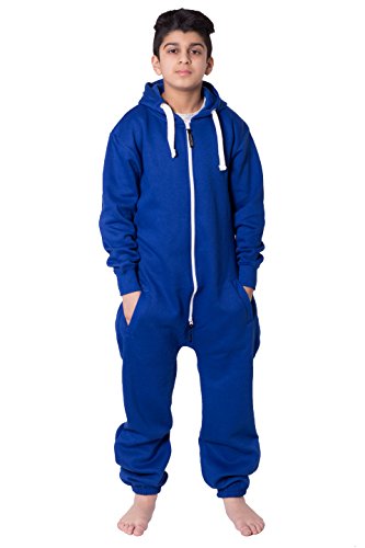 NOROZE Onesie Jumpsuit Weihnachts-Pyjama für Jungen Einteiler einfarbig Fleece-Einteiler mit Kapuze für Mädchen Schlafanzug Overall für Kinder Unisex (7-8 Jahre, Blau) von NOROZE