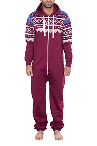 NOROZE Stilvoller Aztekischer Overall Herren Jumpsuit - Kapuzen-Reißverschluss Einteiler Schlafanzug-Warme Und Gemütliche Onesie Herren Schlafoveralls (M, Weinrot) von NOROZE
