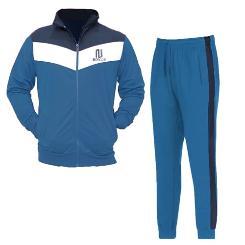 NOROZE Trainingsanzug-Set für Jungen mit V Block, Farbstreifen, Trainingshose, Oberteil, Durchgehender Reißverschluss, Jacke mit Tasche (9-10 Jahre, Blau) von NOROZE