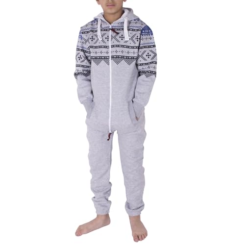 NOROZE Unisex Kinder Jungs Mädchen Azteken Fleece Kapuzen Onesie Jumpsuit (11/12 Jahre, Azteken Grau) von NOROZE