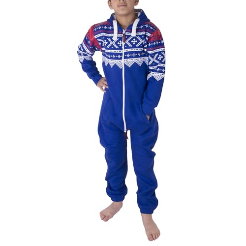 NOROZE Unisex Kinder Jungs Mädchen Azteken Fleece Kapuzen Onesie Jumpsuit (11/12 Jahre, Azteken Königsblau) von NOROZE