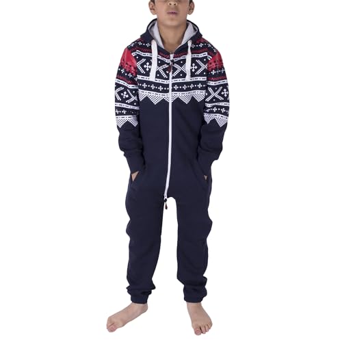 NOROZE Unisex Kinder Jungs Mädchen Azteken Fleece Kapuzen Onesie Jumpsuit (11/12 Jahre, Azteken Marine) von NOROZE