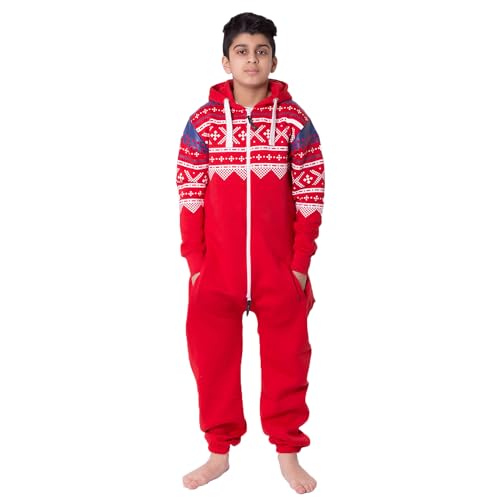 NOROZE Unisex Kinder Jungs Mädchen Azteken Fleece Kapuzen Onesie Jumpsuit (11/12 Jahre, Azteken Rot) von NOROZE