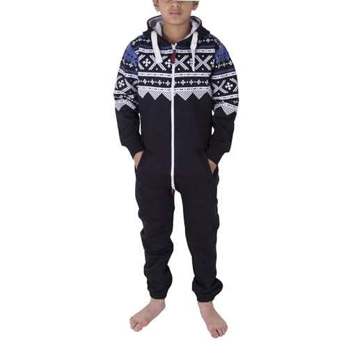 NOROZE Unisex Kinder Jungs Mädchen Azteken Fleece Kapuzen Onesie Jumpsuit (11/12 Jahre, Azteken Schwarz) von NOROZE