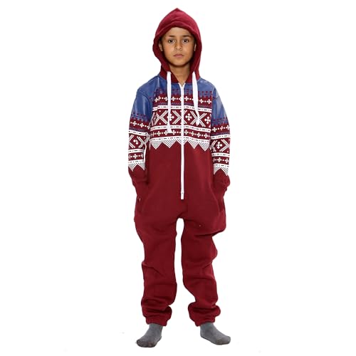 NOROZE Unisex Kinder Jungs Mädchen Azteken Fleece Kapuzen Onesie Jumpsuit (11/12 Jahre, Azteken Weinrot) von NOROZE